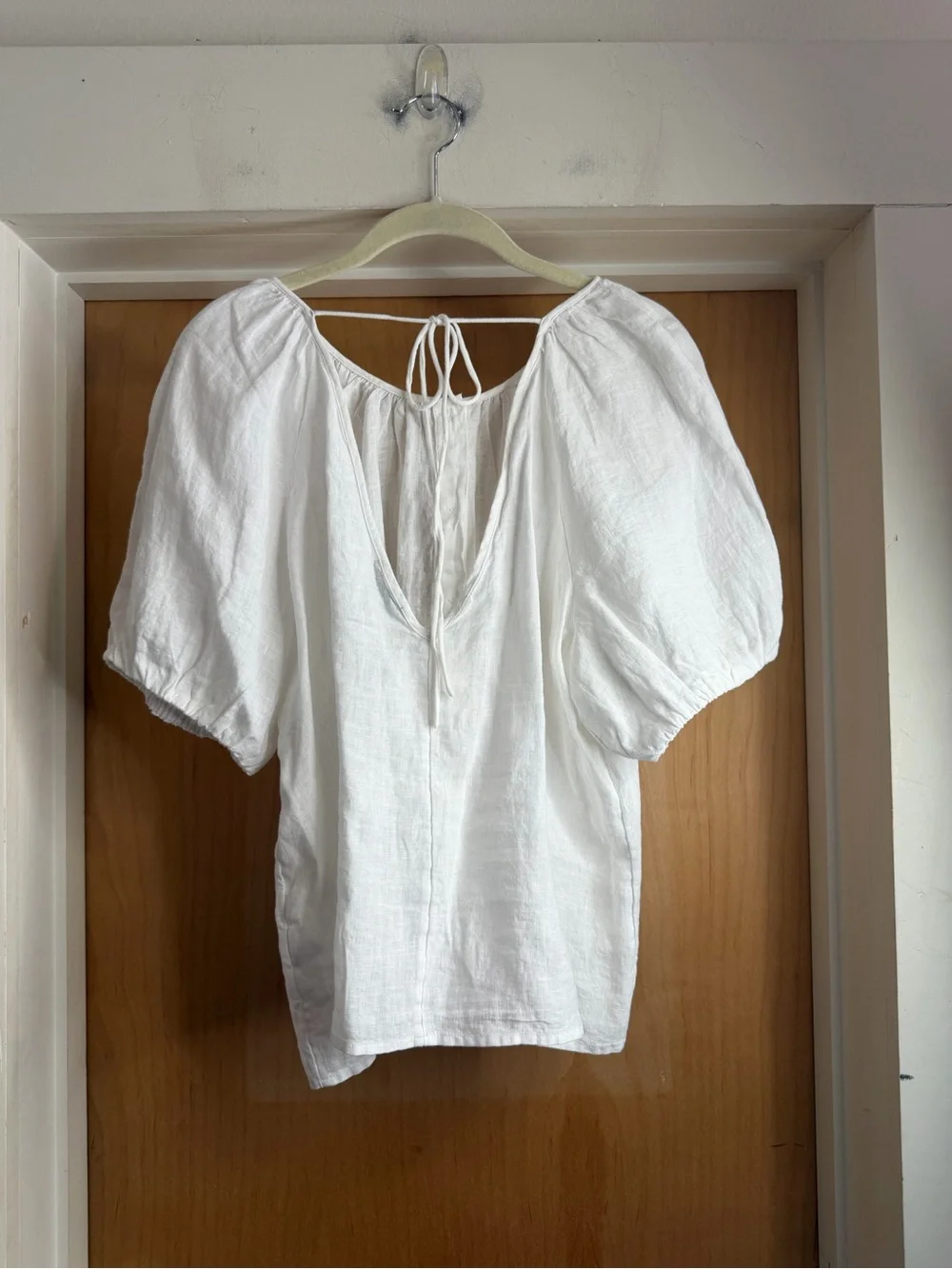 NWT! J.Crew White 100% Linen Puff Sleeve Tie Back Peasant Blouse. Size: 16